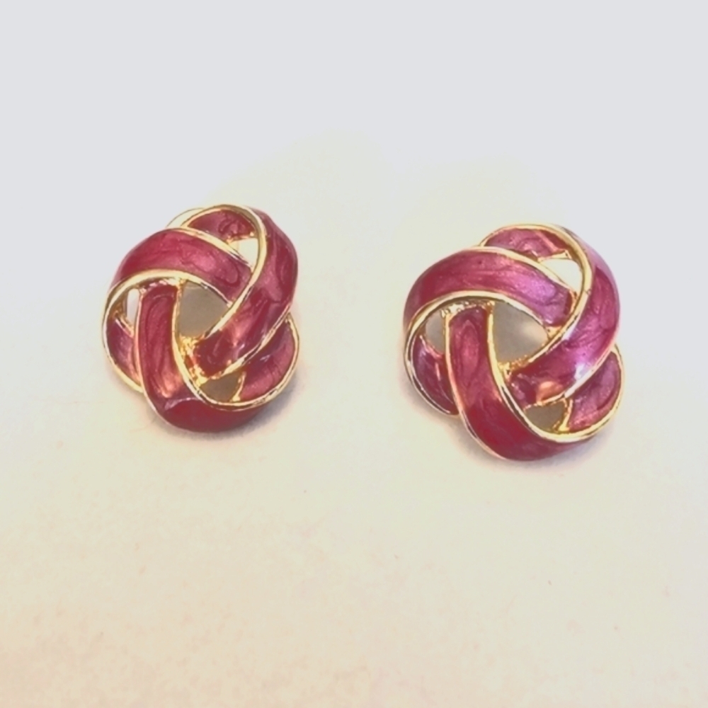 Vintage Love Knot Earrings Purple Enamel and Gold Tone Twist Pierced